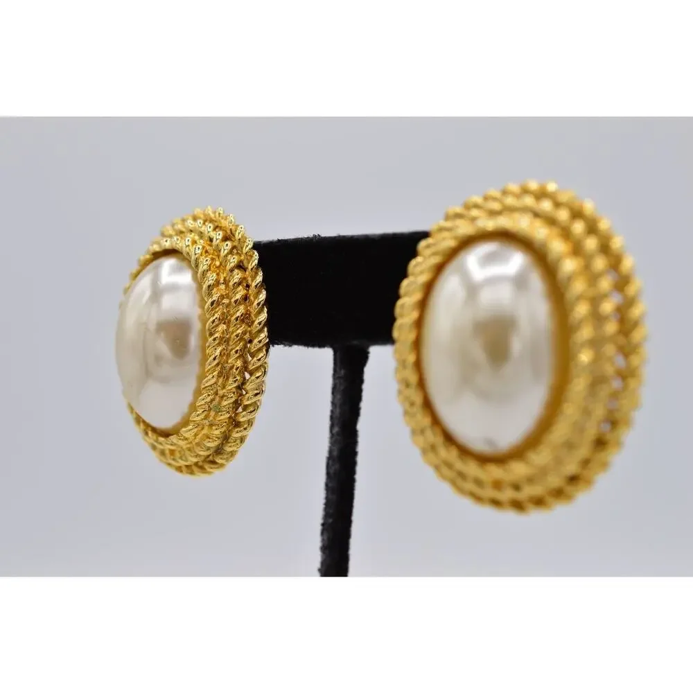 Vintage Clip On Pearl Earrings Large Chunky Gold Oval Retro Bold 1980s 80s BinAA